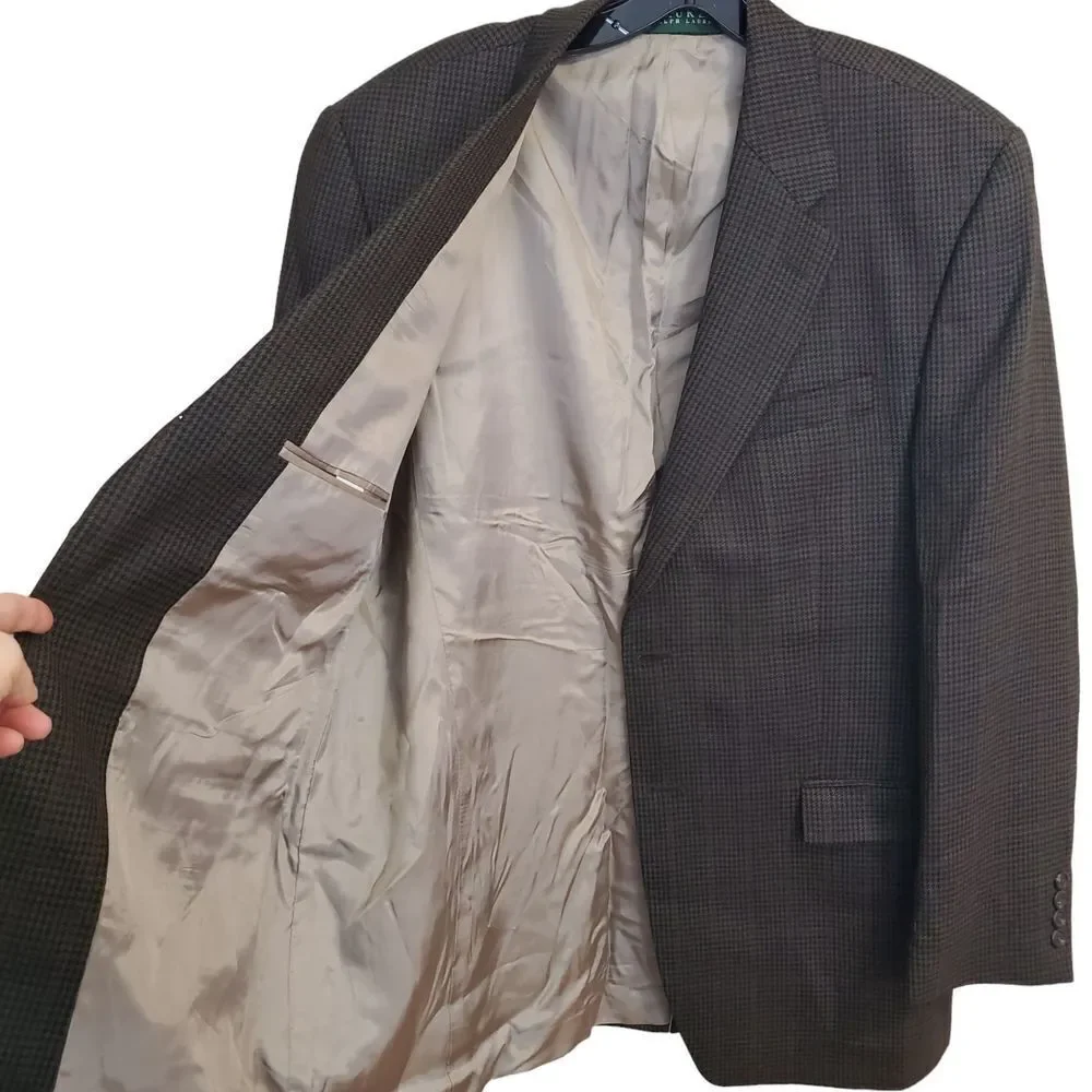 Ralph Lauren LRL Brown Houndstooth‎ wool Mens Blazer Jacket Sports Coat Size 42L